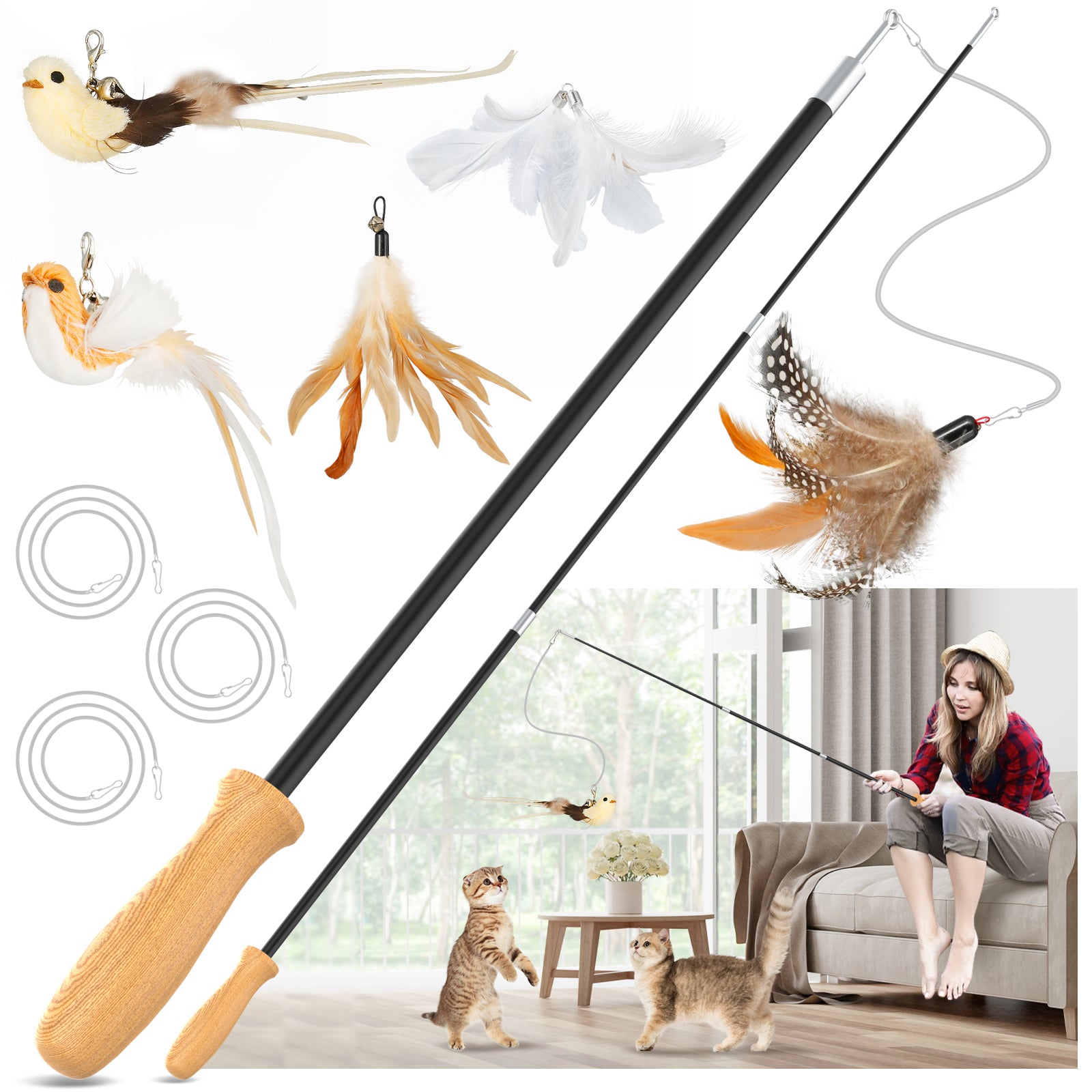 ROSAUI Classic Wooden-Handle Telescoping Cat Wand Set