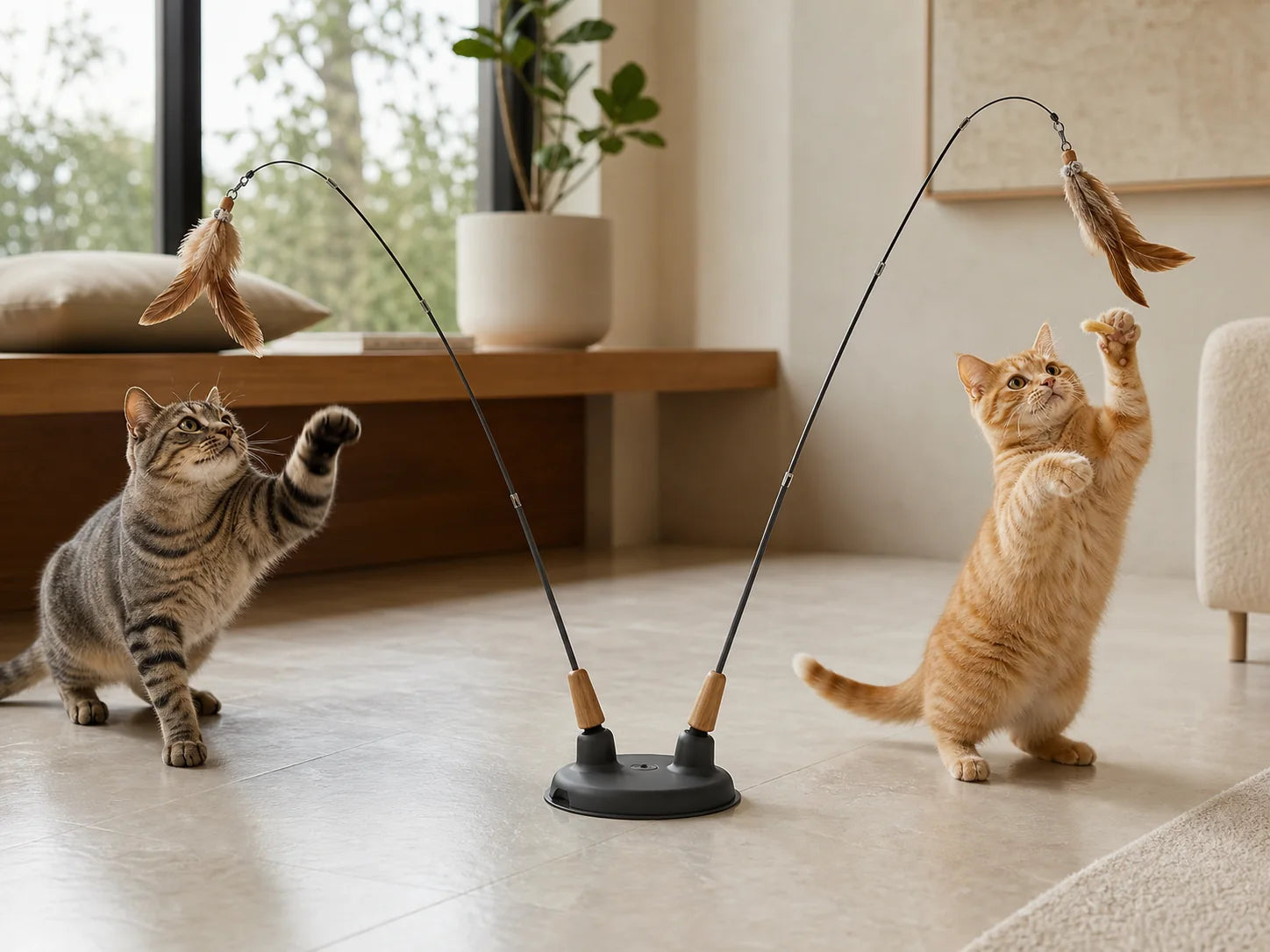 Two cats play with separate wands mounted in one dual-port suction base