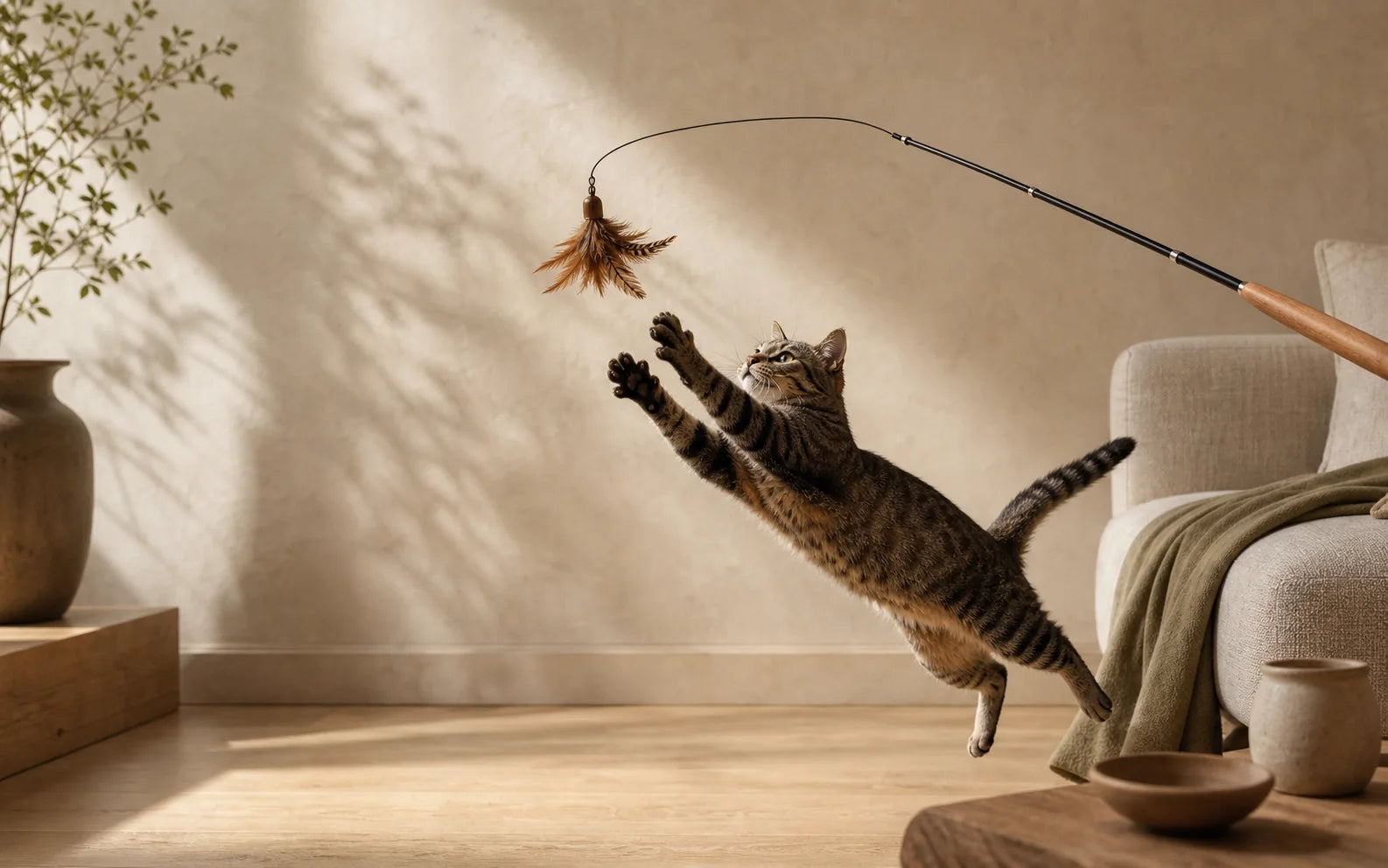 A tabby cat leaps after a natural feather wand toy in a sunlit living room